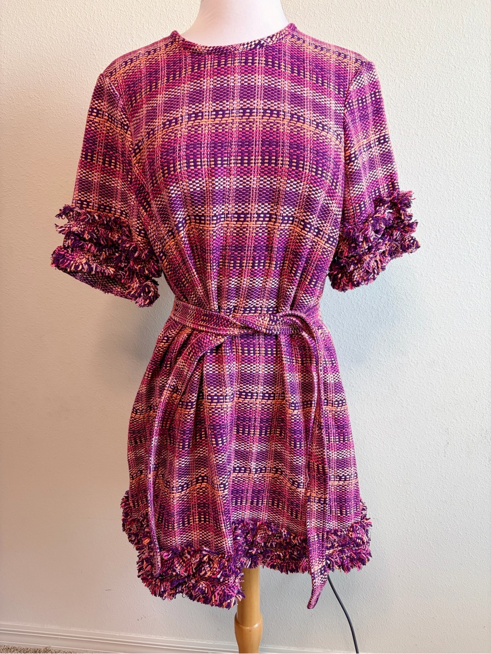 cinq a sept Pink and Purple Plaid Fringe Belted Dress